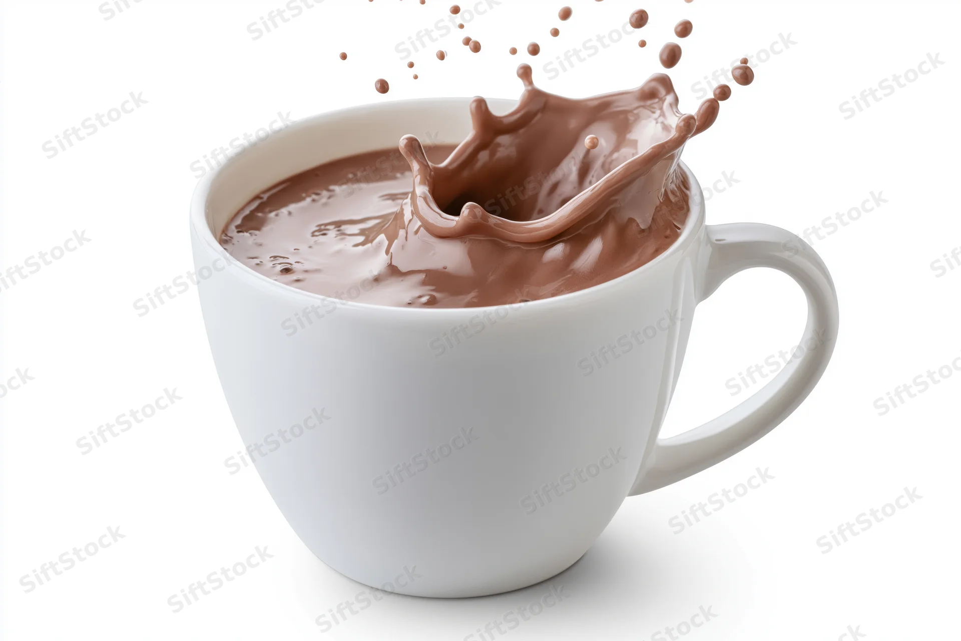 White ceramic mug with hot chocolate splashing against white background