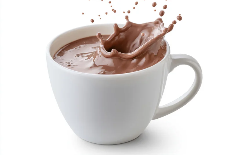 White ceramic mug with hot chocolate splashing against white background