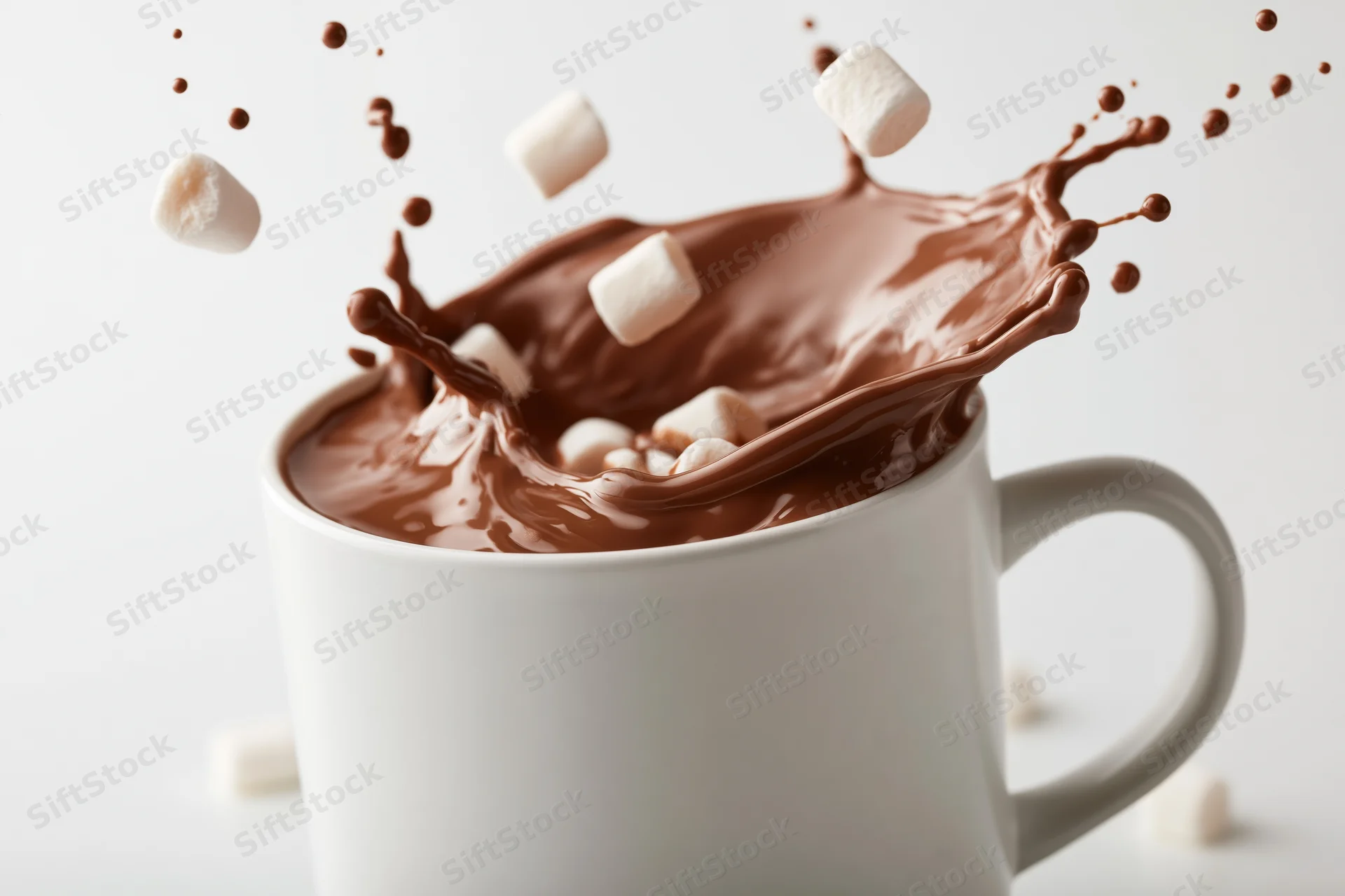 White ceramic mug filled with hot chocolate mid-splash with marshmallows airborne against plain background