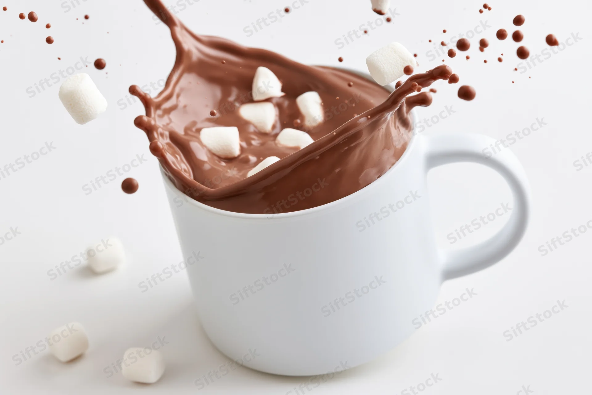 White ceramic mug filled with hot chocolate mid-splash with marshmallows floating around on plain white surface