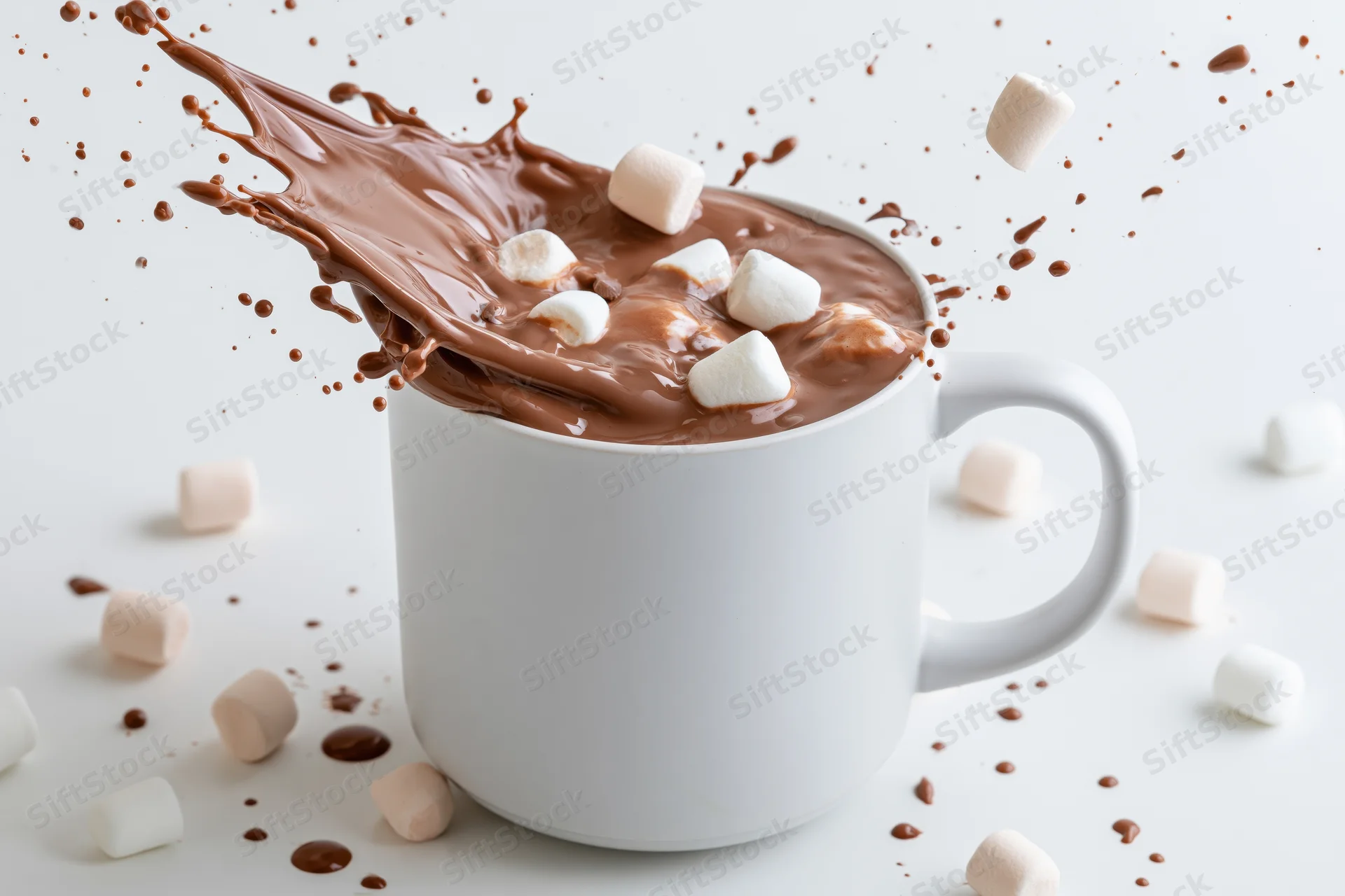 White ceramic mug filled with hot chocolate mid-splash with marshmallows floating around