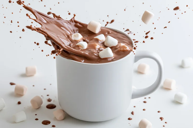 White ceramic mug filled with hot chocolate mid-splash with marshmallows floating around