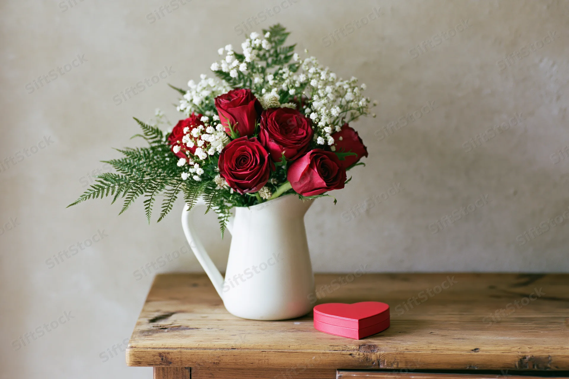 Red roses and white baby's breath in a white ceramic pitcher on a wooden table beside a red heart-shaped box
