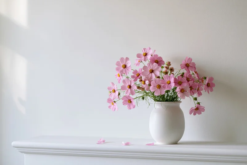 Pink cosmos flowers in a white ceramic vase on a mantelpiece