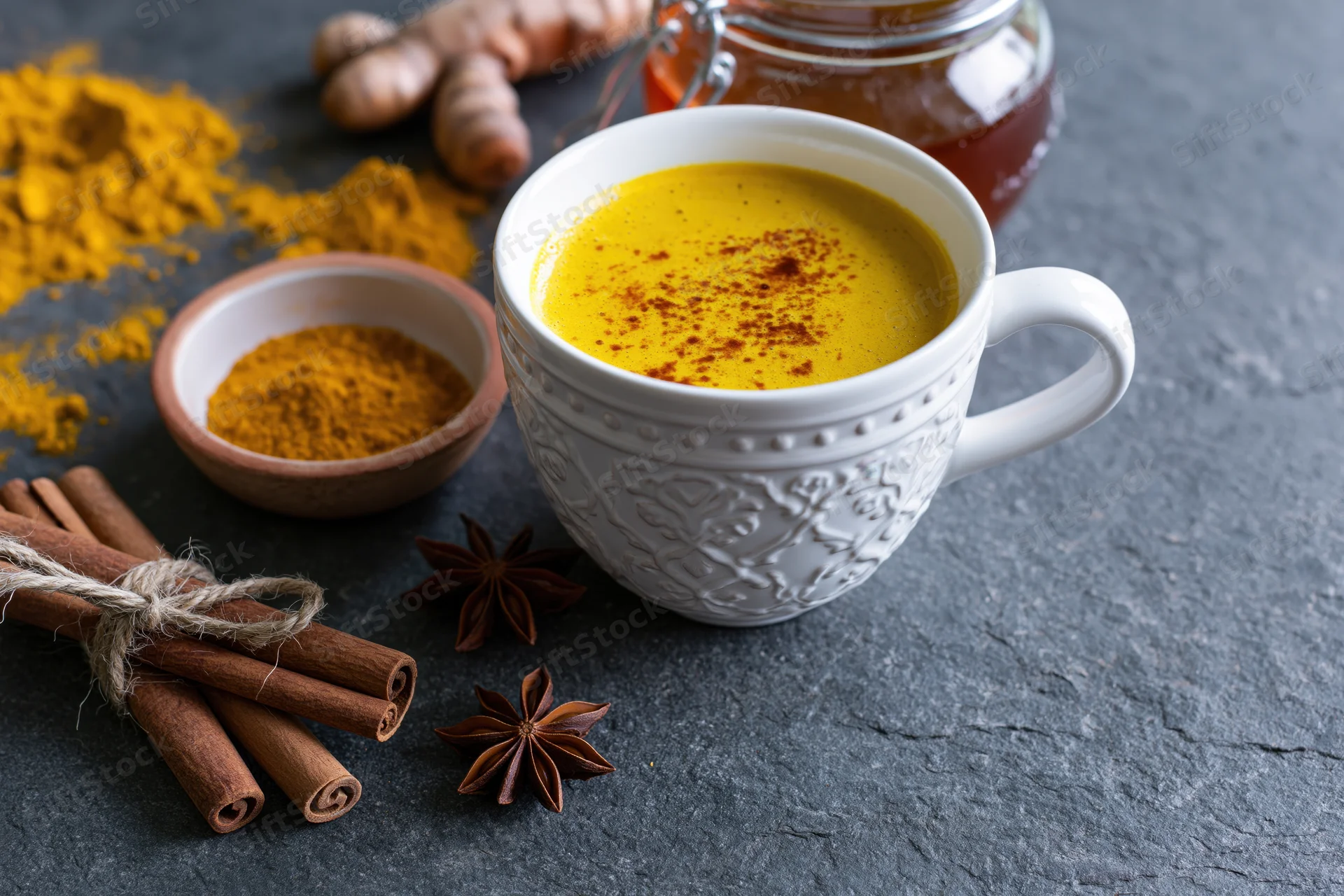 White embossed ceramic cup filled with golden turmeric latte surrounded by spices on slate surface