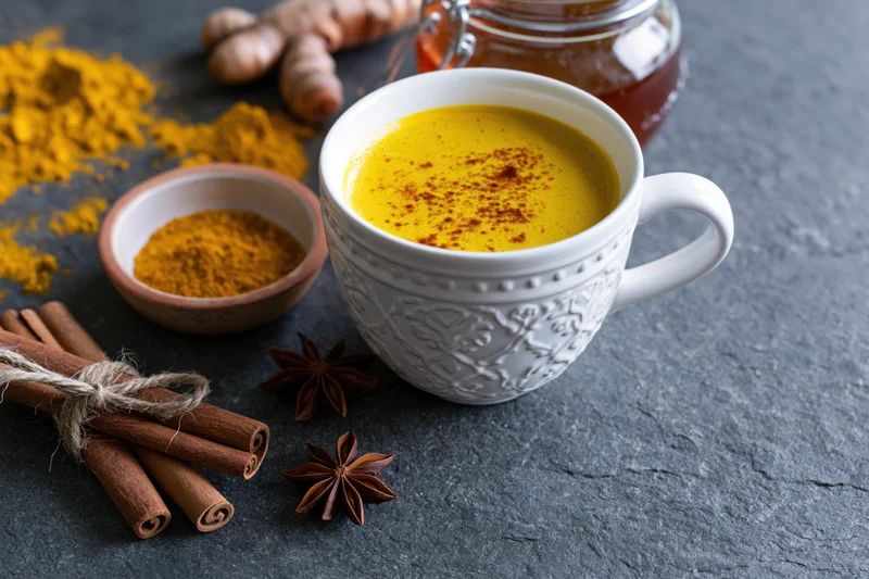 White embossed ceramic cup filled with golden turmeric latte surrounded by spices on slate surface
