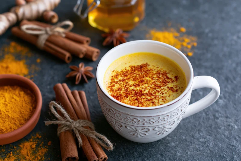 White embossed ceramic cup filled with golden turmeric latte surrounded by cinnamon sticks, star anise, honey and turmeric powder on dark stone surface