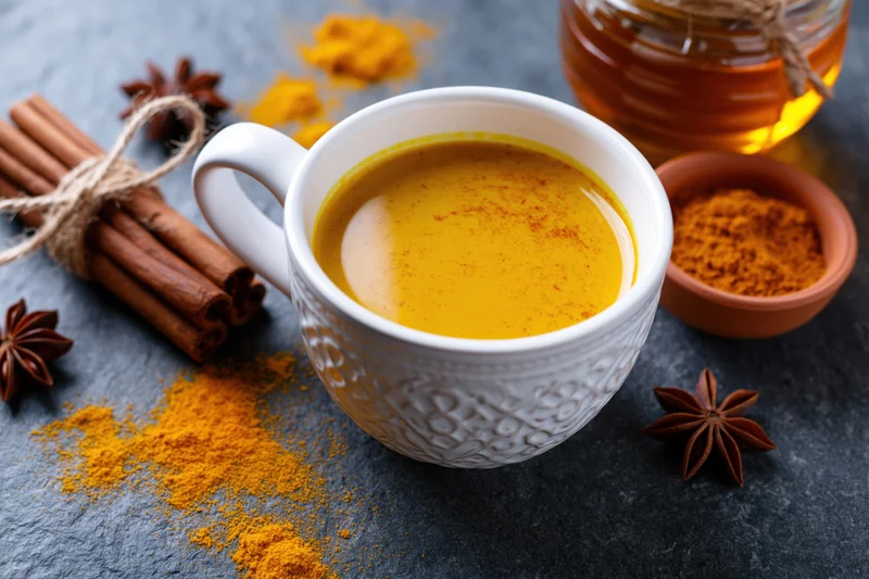 White embossed ceramic cup filled with golden turmeric latte surrounded by cinnamon sticks, star anise, honey jar and scattered turmeric powder on dark stone surface