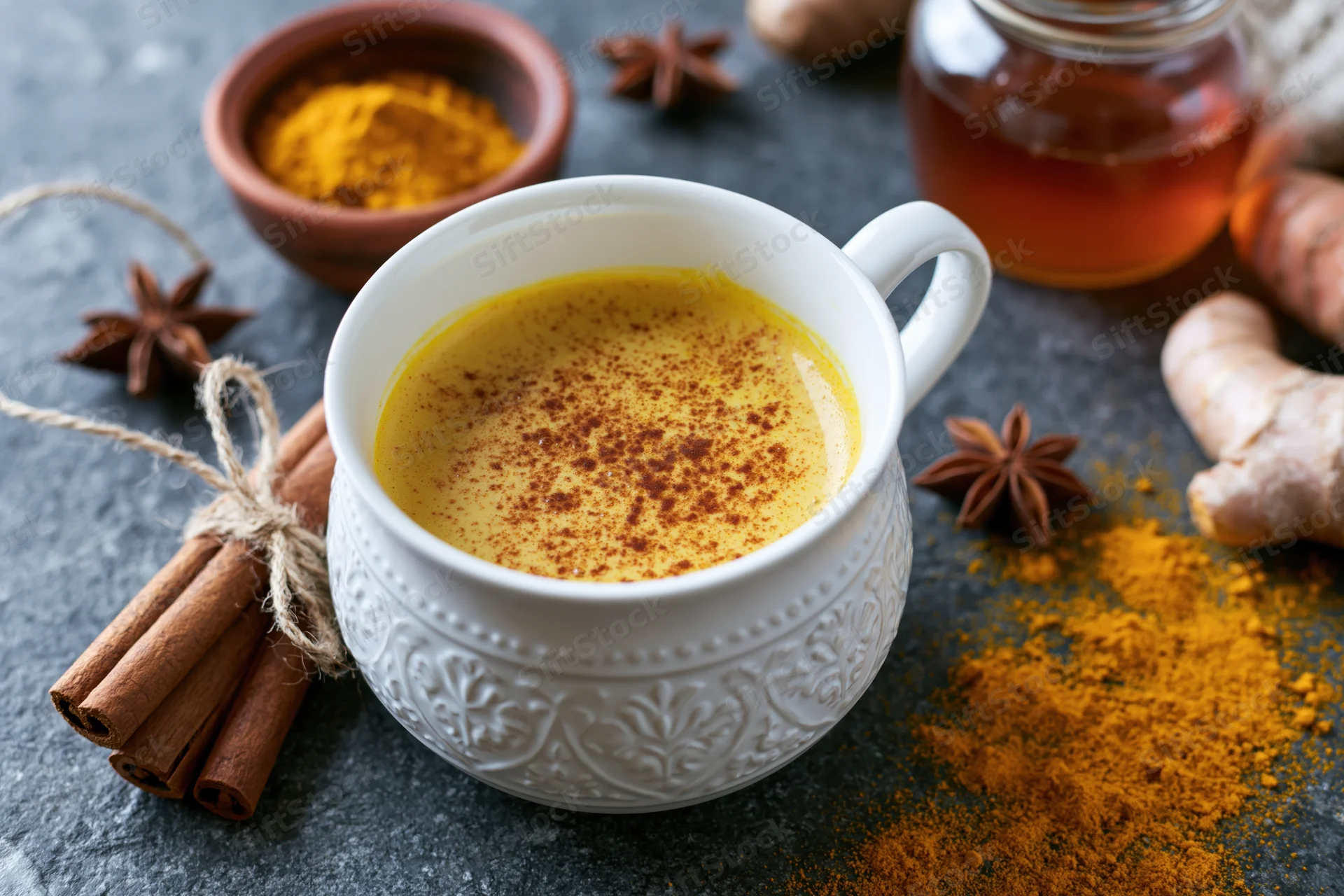 White embossed ceramic cup filled with golden turmeric latte surrounded by spices and honey on dark stone surface