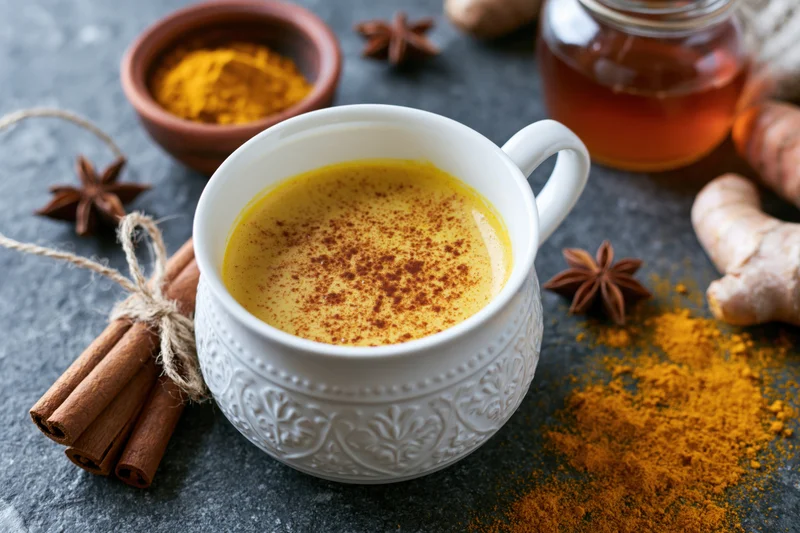 White embossed ceramic cup filled with golden turmeric latte surrounded by spices and honey on dark stone surface