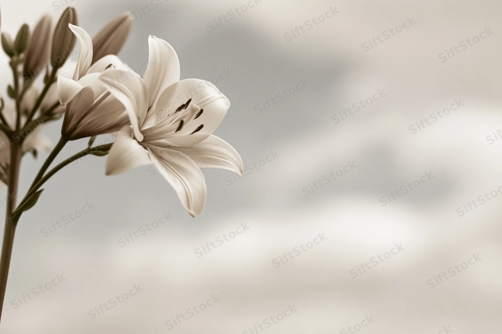 White lily bloom and buds on a single stem with soft sepia background