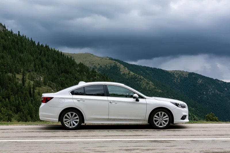 White sedan parked on mountain road shoulder with forested hills and cloudy sky in background