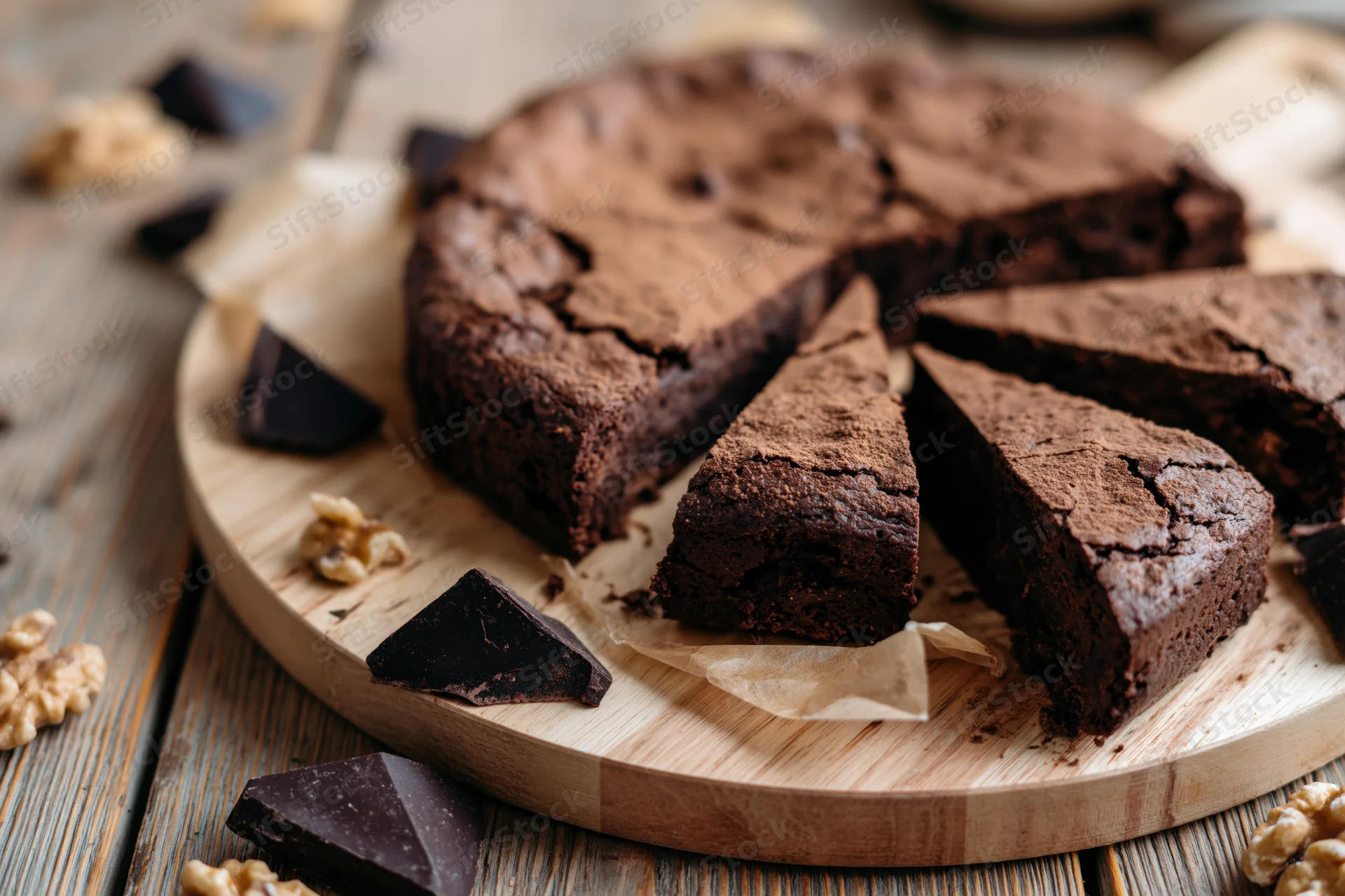 Sliced chocolate brownie cake on wooden board with chocolate chunks and walnuts