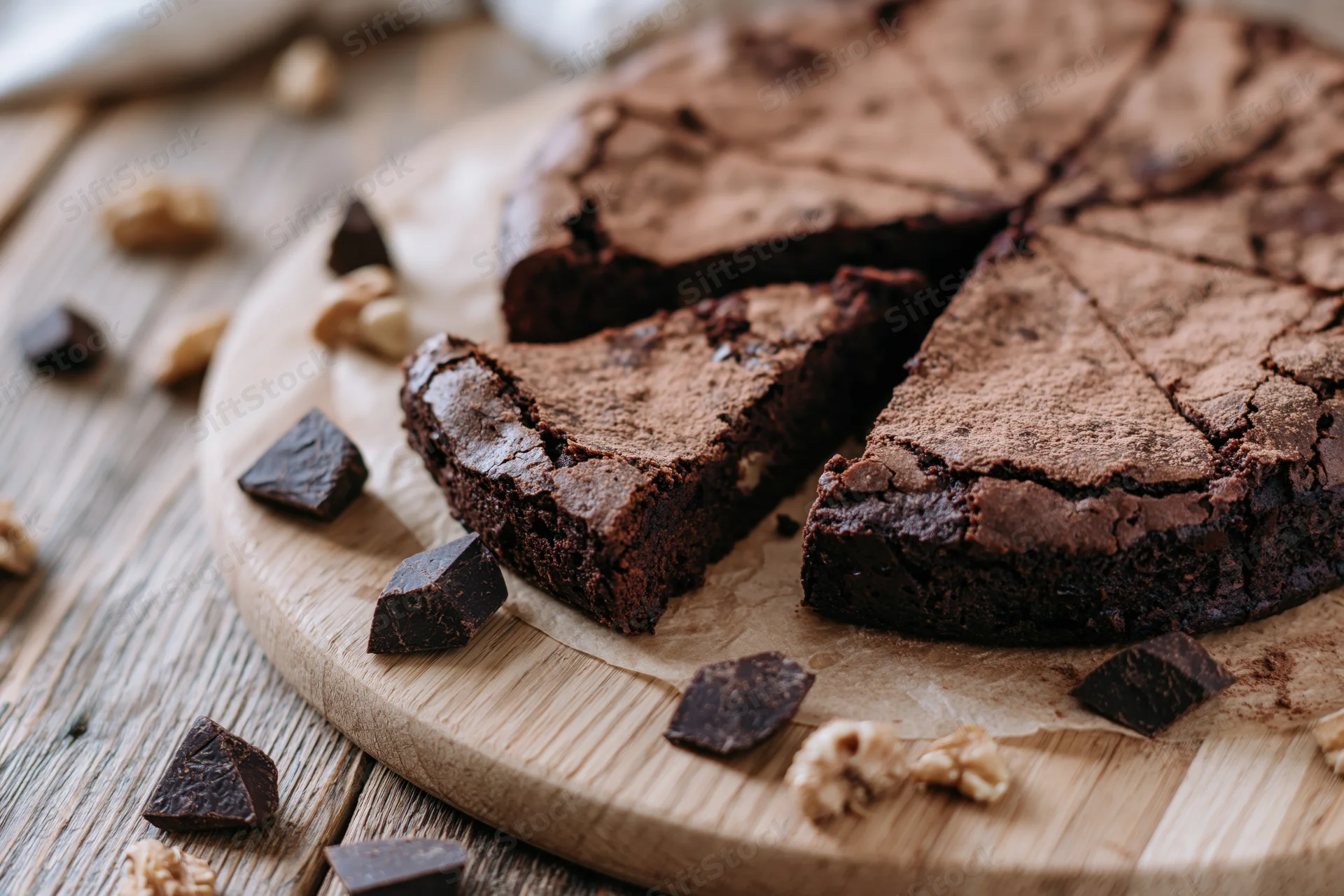 Chocolate brownie cake sliced into wedges on wooden cutting board with chocolate chunks and walnuts scattered around