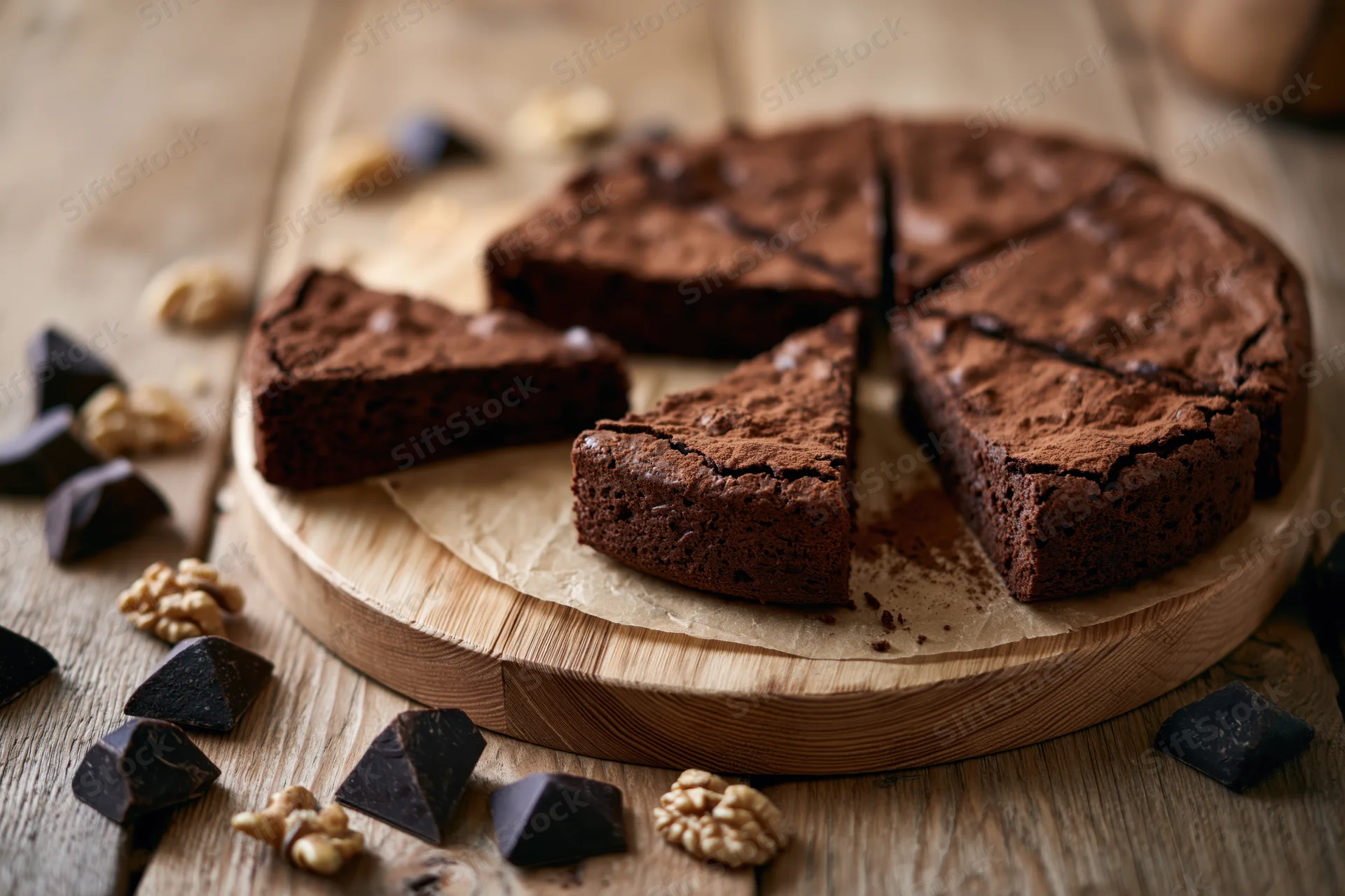 Chocolate brownie cake sliced into wedges on a wooden cutting board with chocolate pieces and walnuts scattered around