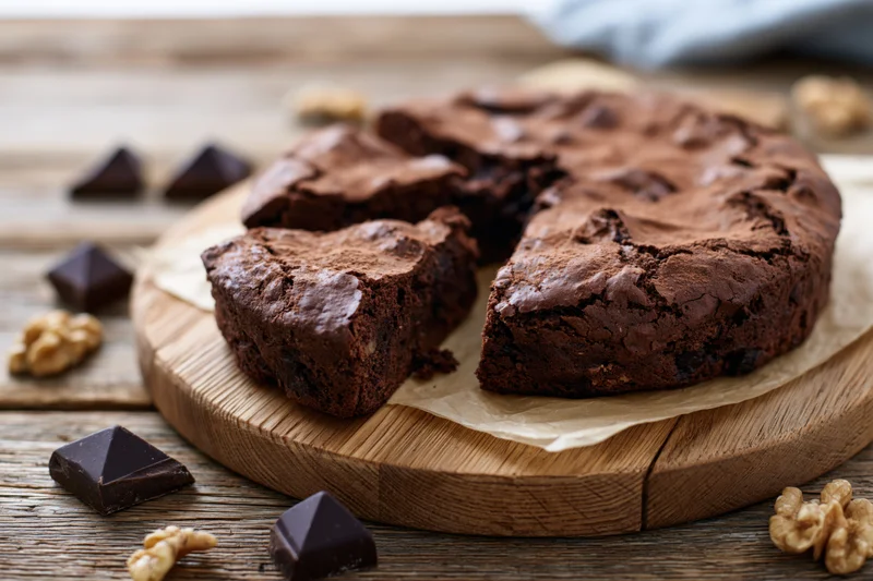 Chocolate brownie cake sliced into wedges on wooden board with walnuts and chocolate chunks scattered around
