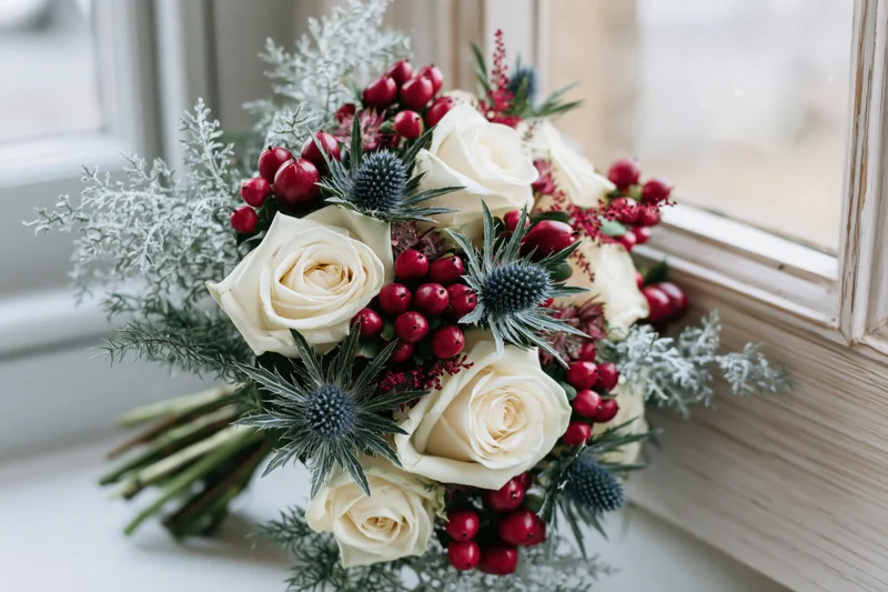 Winter bridal bouquet with white roses and red berries resting on a wooden windowsill