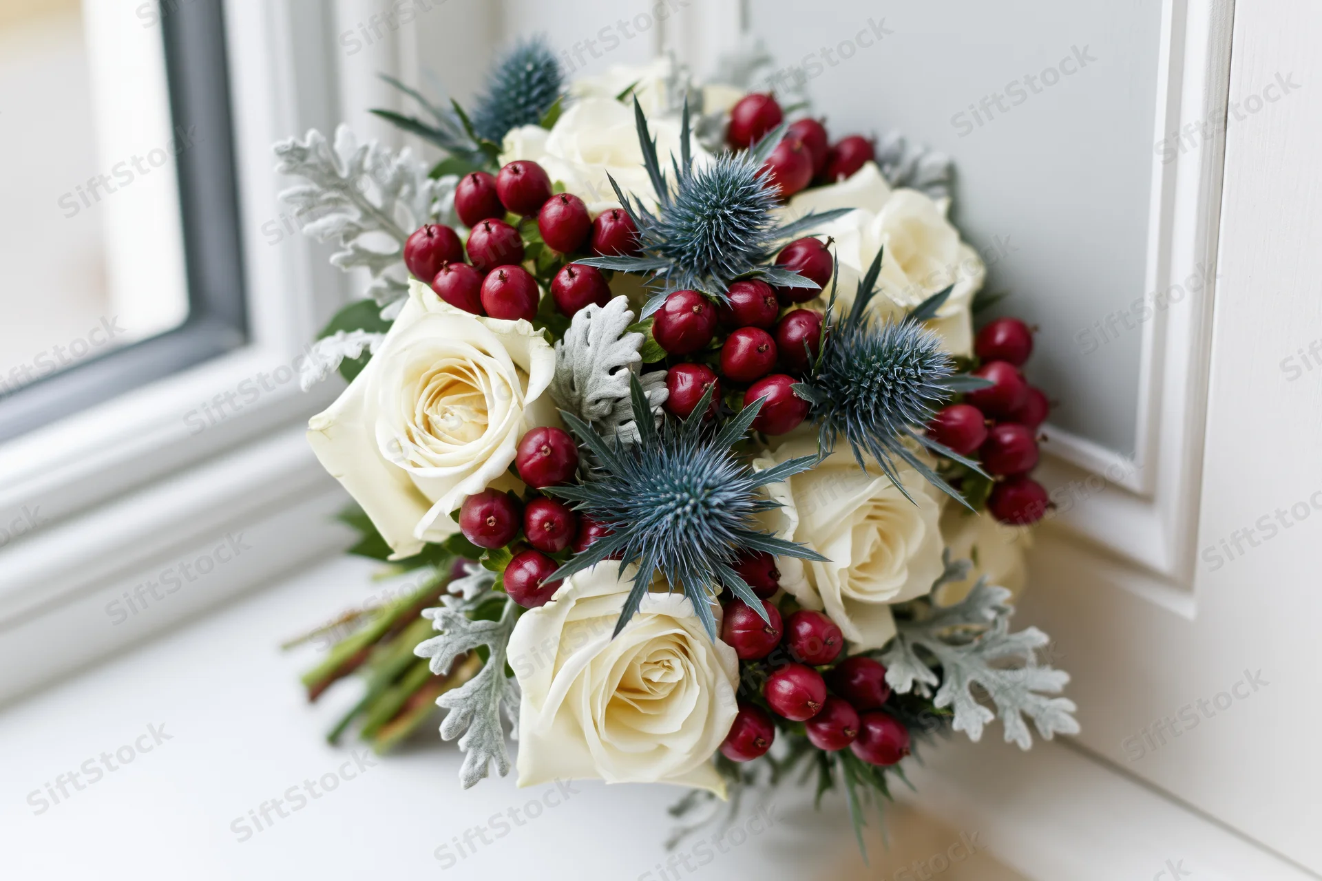 Winter bridal bouquet with white roses, red berries and blue thistle resting on a windowsill