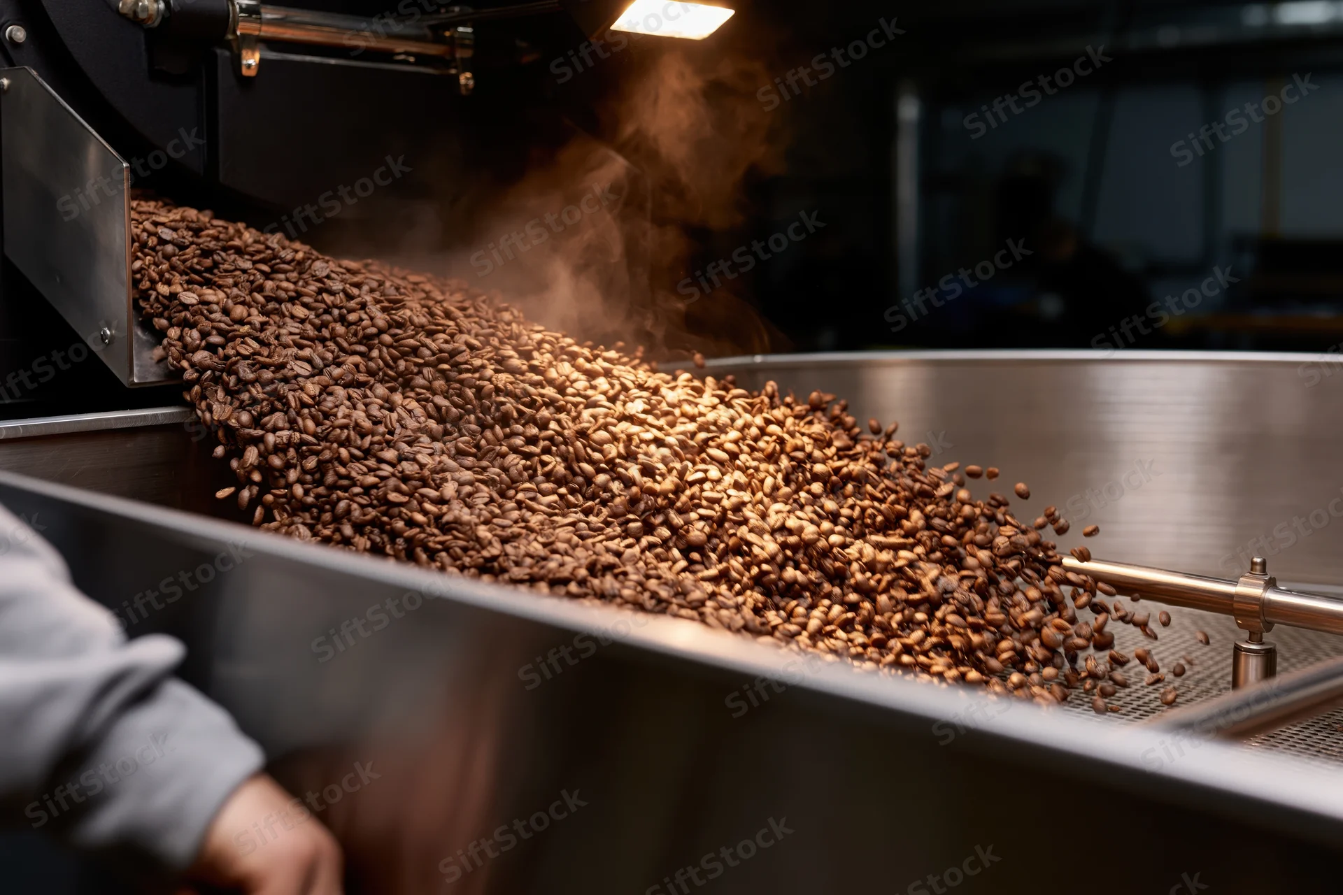 Freshly roasted coffee beans pouring from a commercial roaster into a metal cooling tray in a factory setting