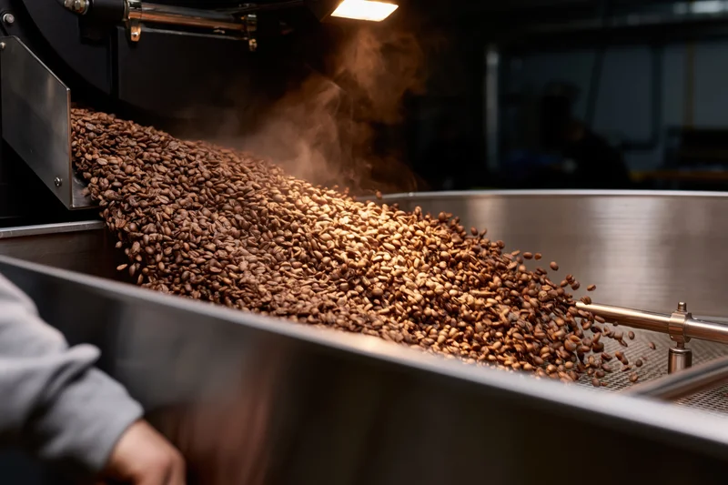 Freshly roasted coffee beans pouring from a commercial roaster into a metal cooling tray in a factory setting