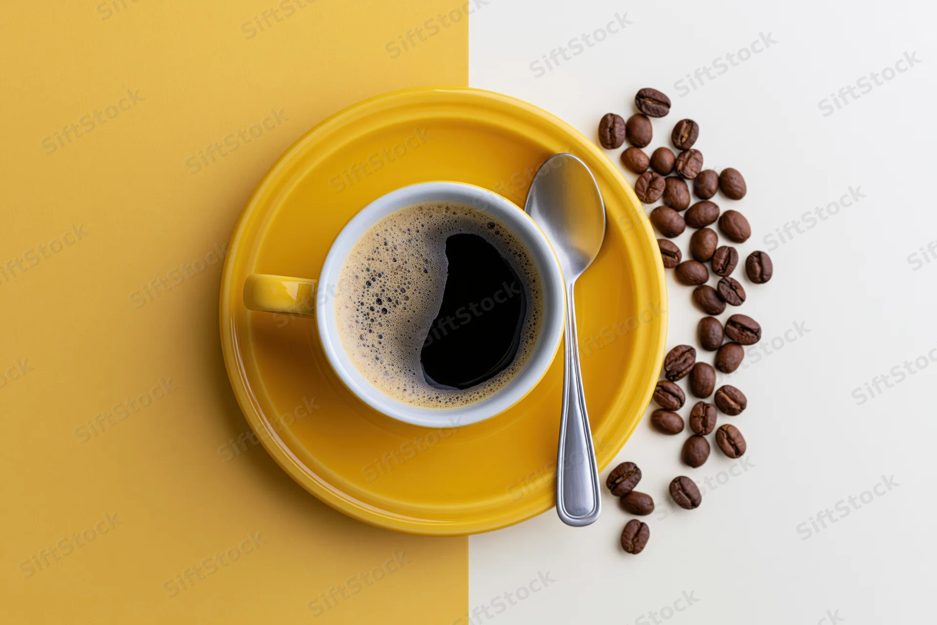 Yellow ceramic coffee cup with foam and spoon on matching saucer beside scattered coffee beans on yellow and white surface