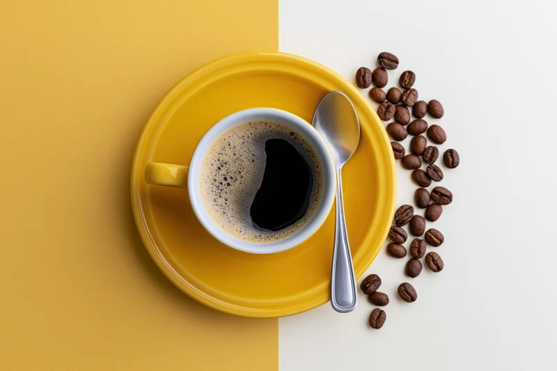 Yellow ceramic coffee cup with foam and spoon on matching saucer beside scattered coffee beans on yellow and white surface