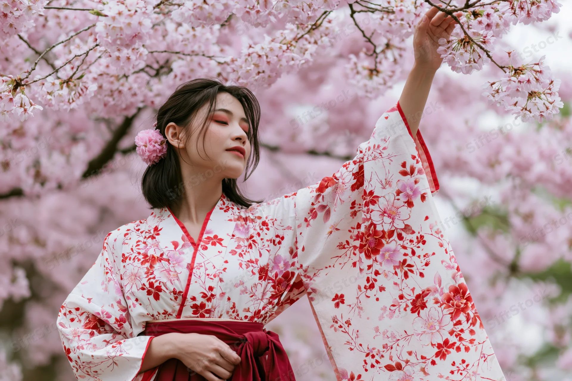 Young asian woman in floral kimono reaching for cherry blossoms in spring garden