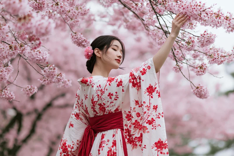 Young asian woman in white and red floral kimono reaching up to touch cherry blossoms in spring garden