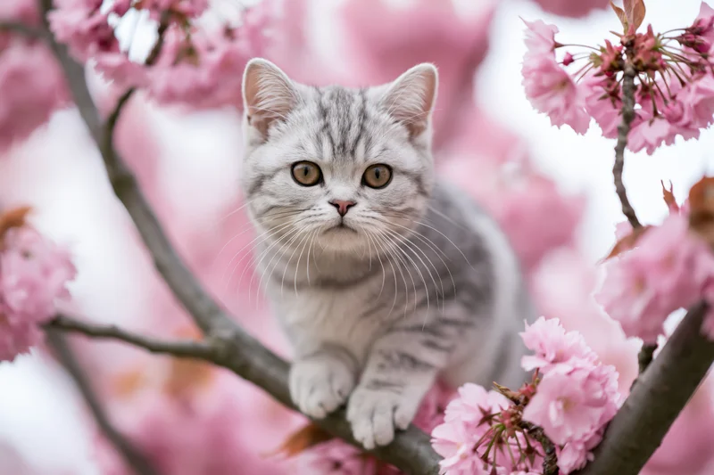 Silver-grey tabby kitten perched on a cherry blossom branch in spring