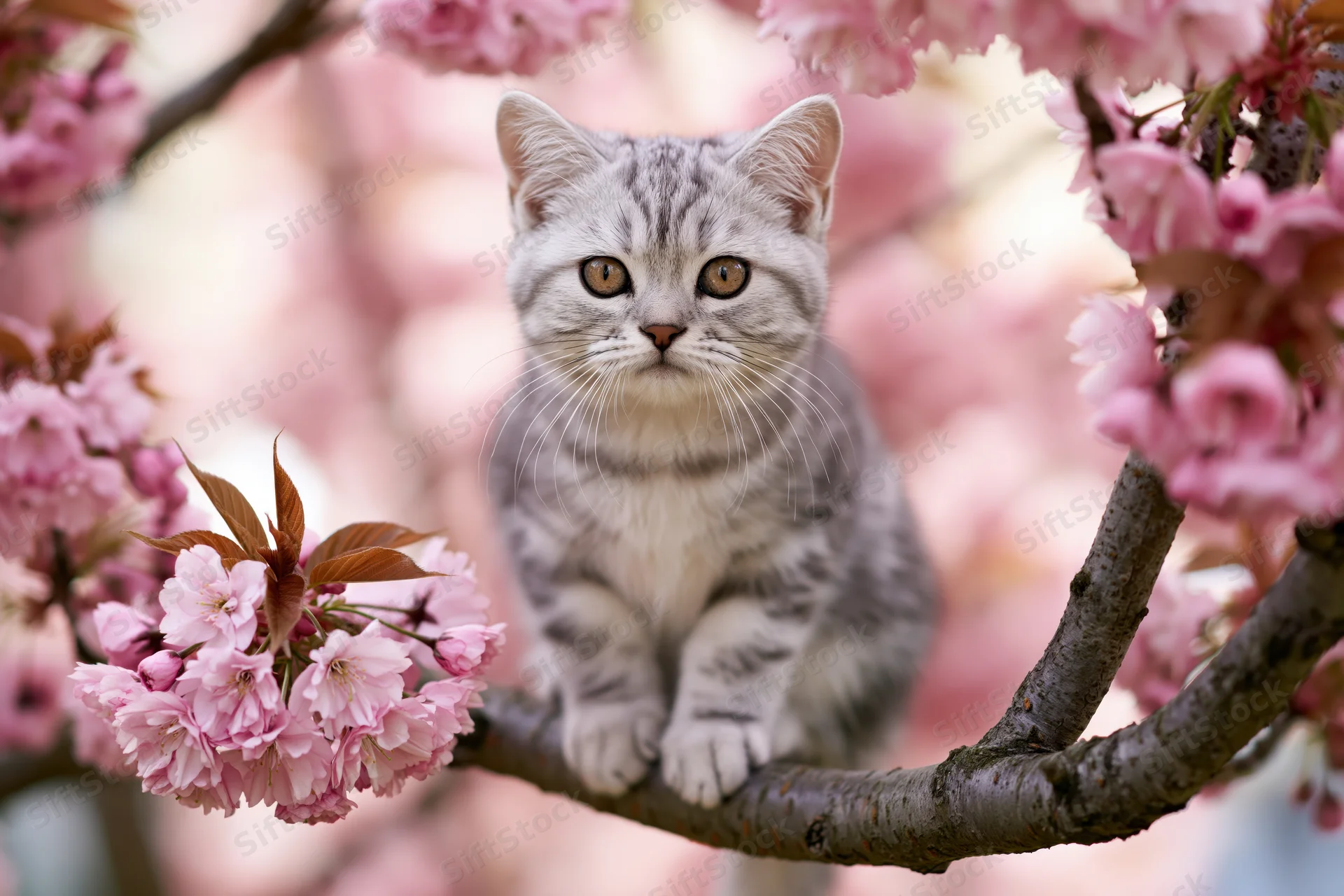 Silver-grey tabby kitten sitting on a cherry blossom tree branch in spring