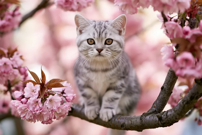Silver-grey tabby kitten sitting on a cherry blossom tree branch in spring