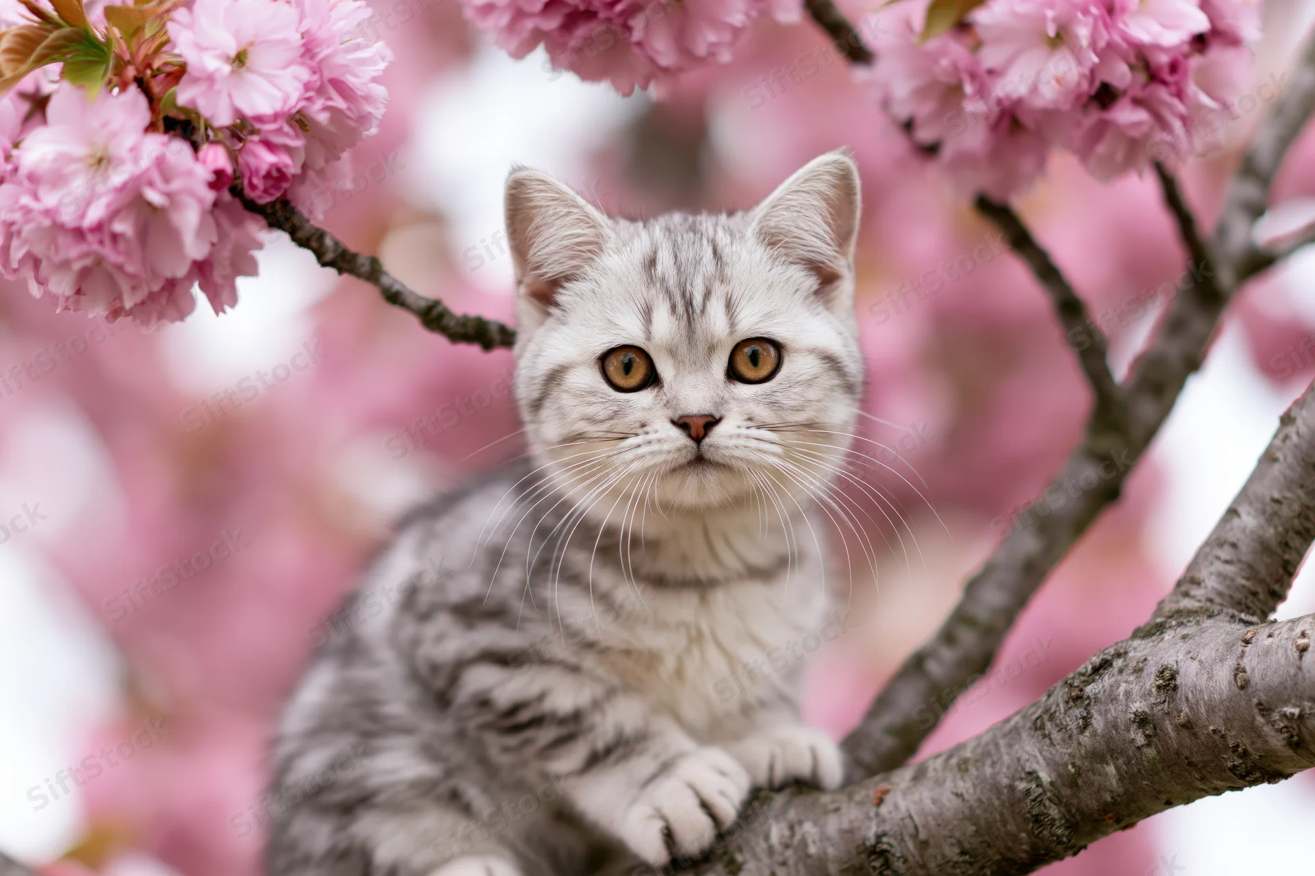 Silver-grey tabby kitten sitting on a cherry blossom tree branch in spring