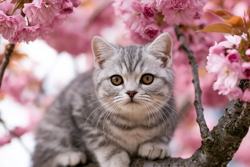 Silver-grey tabby kitten sitting on a cherry blossom tree branch in spring