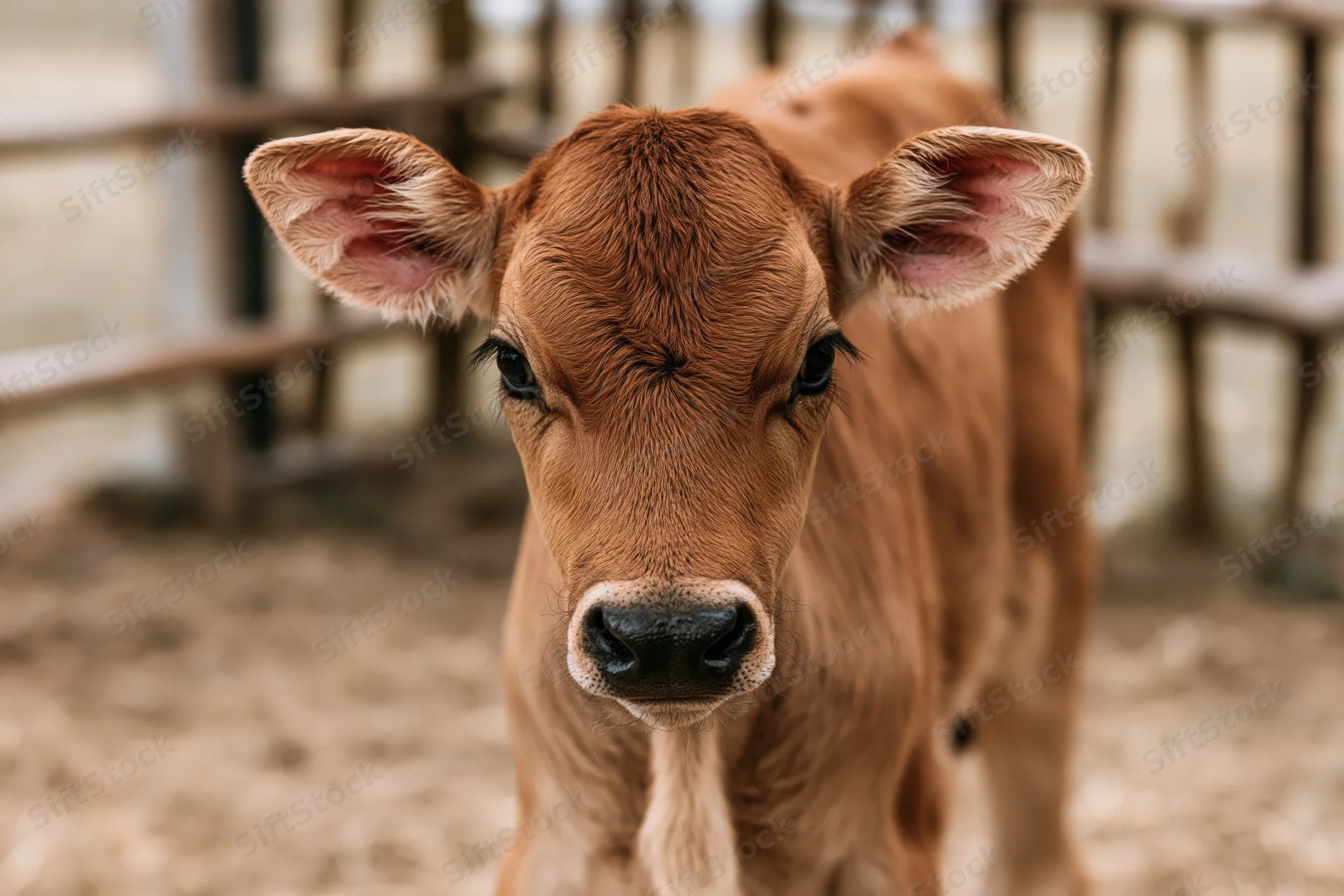 Young brown calf standing in a farm pen looking directly into the camera