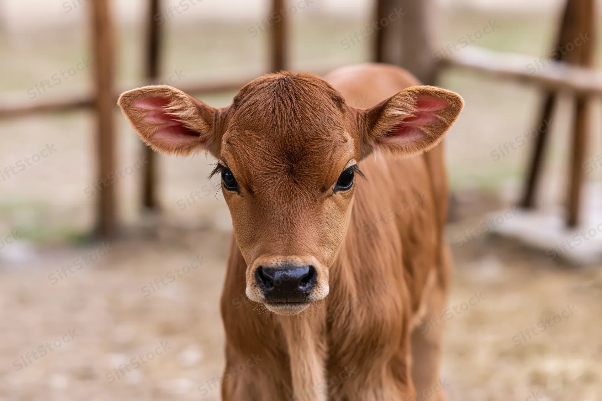 Young brown calf standing in a farm pen looking directly into the camera
