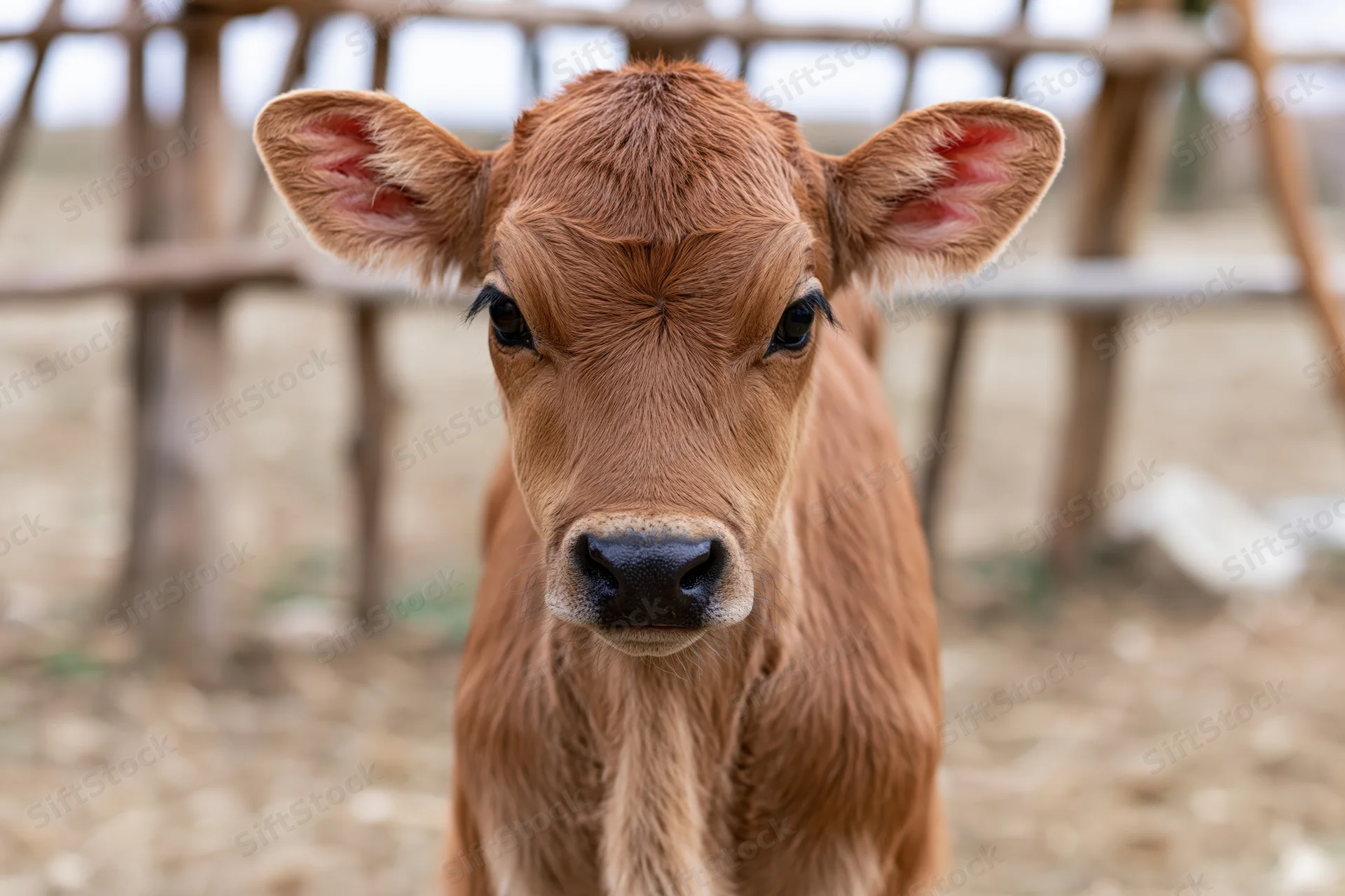Young brown calf facing camera in a fenced farm pen