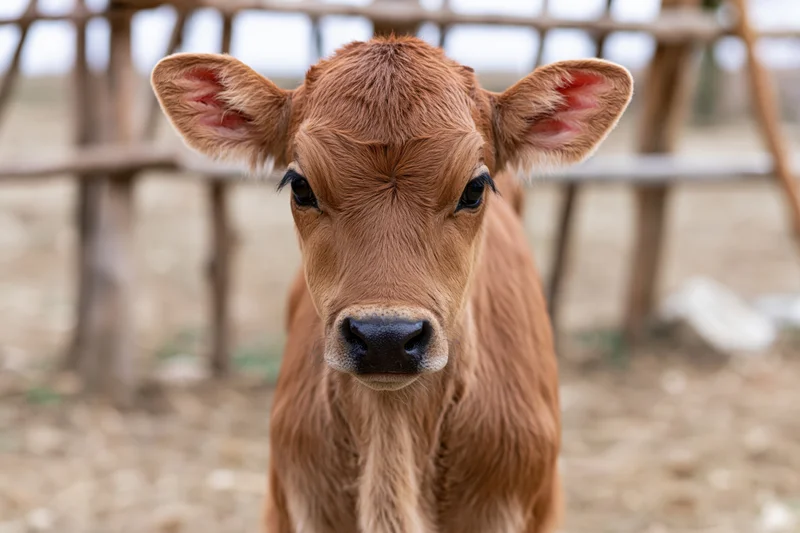 Young brown calf facing camera in a fenced farm pen