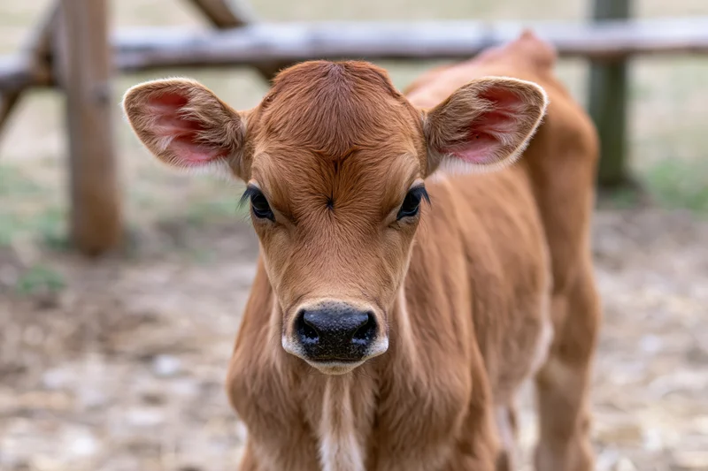 Young brown calf standing in a farm pen looking directly into the camera
