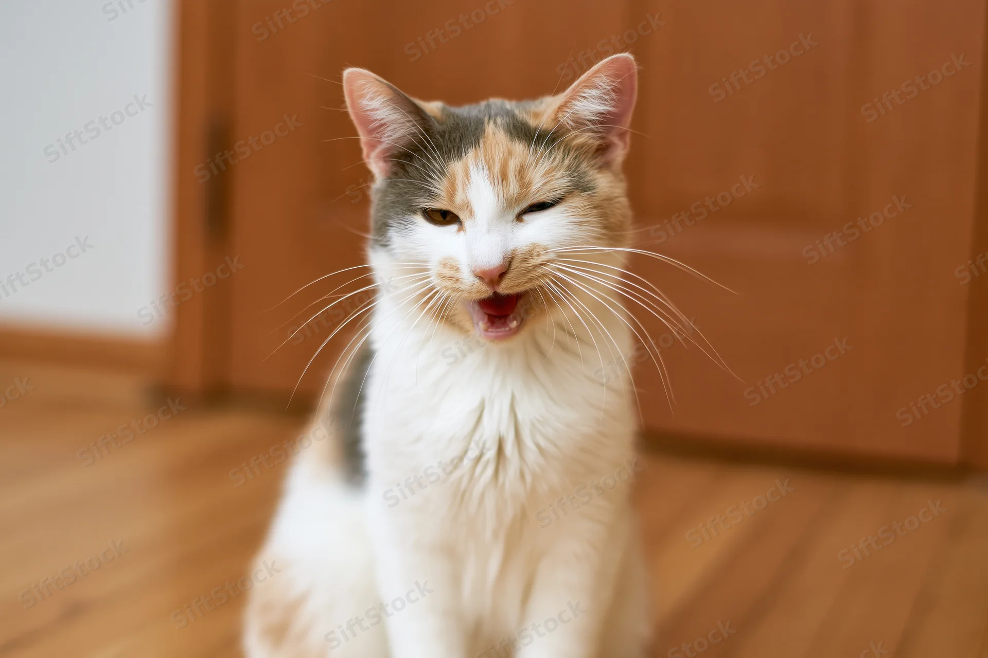 Calico cat sitting on wooden floor mid-meow with mouth open