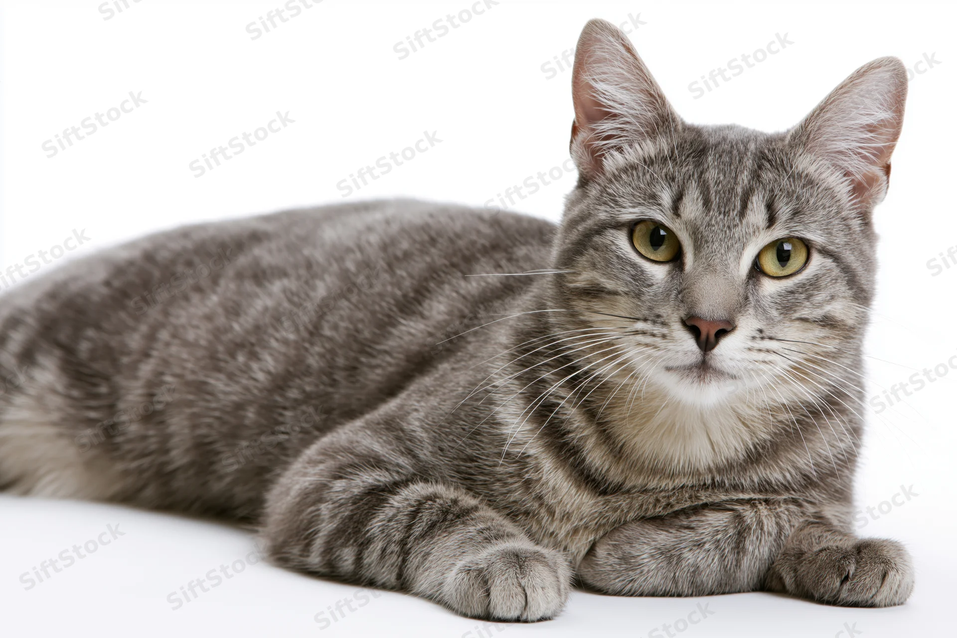 Grey tabby cat lying down with front paws extended on white background