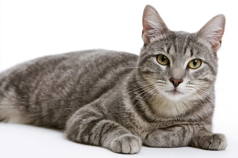Grey tabby cat lying down with front paws extended on white background