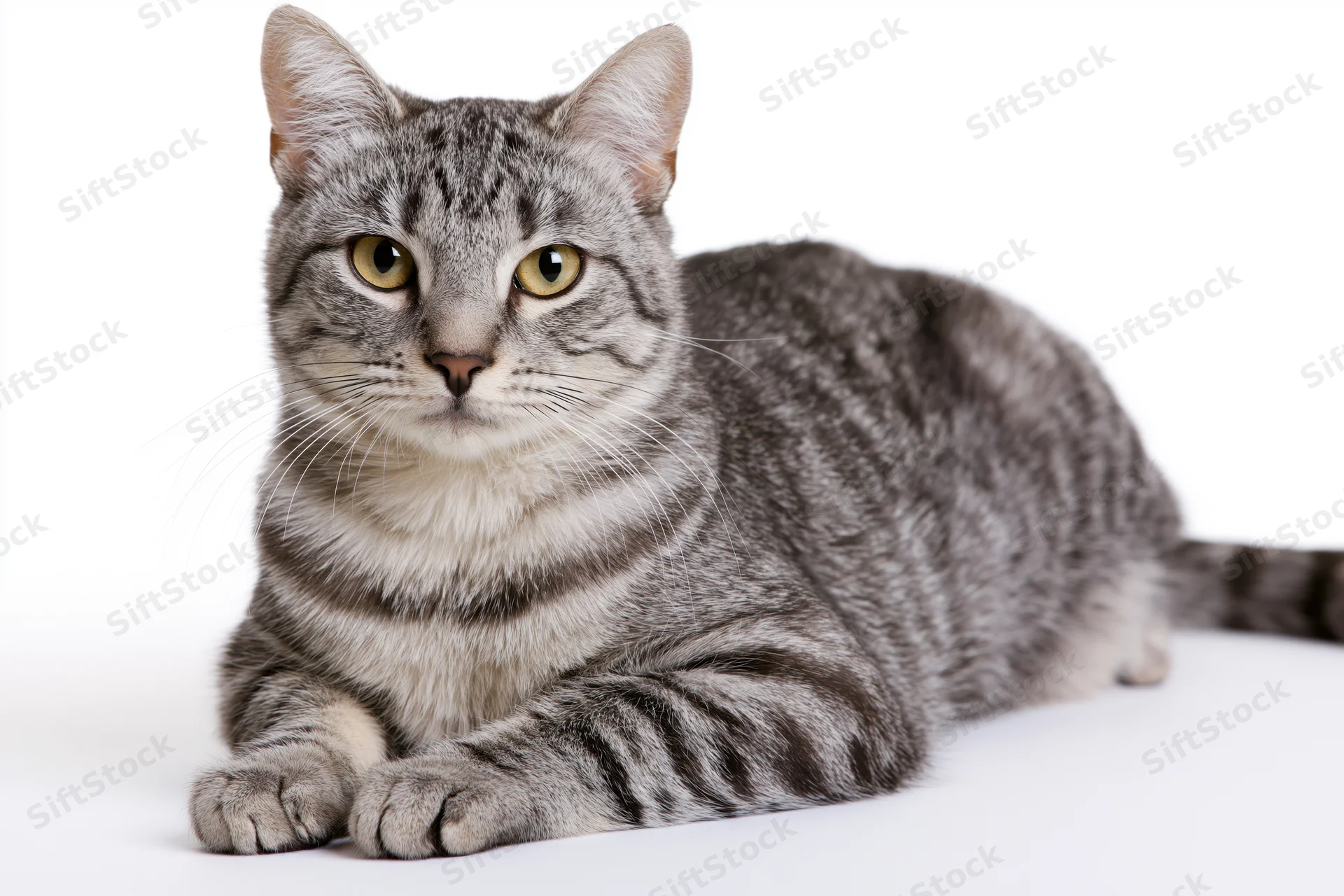 Grey tabby cat lying down with front paws extended on white background