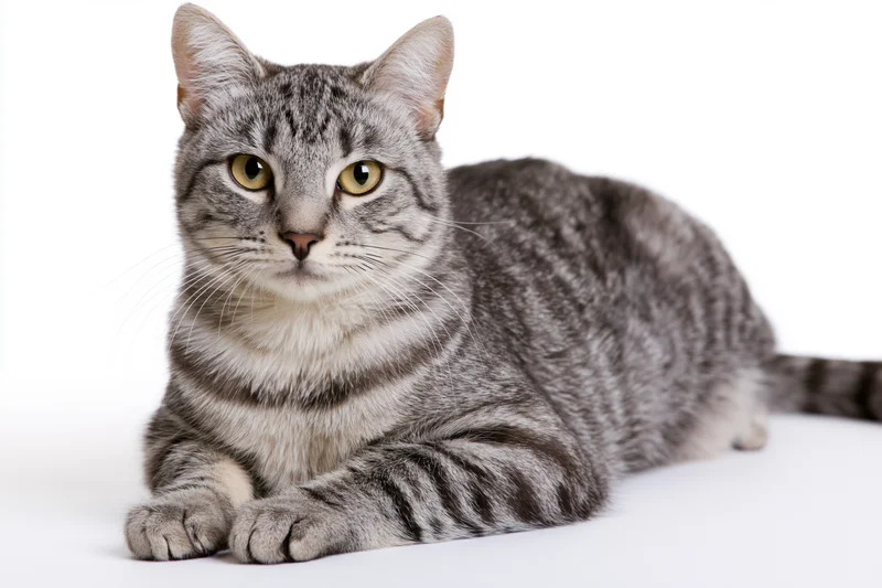 Grey tabby cat lying down with front paws extended on white background