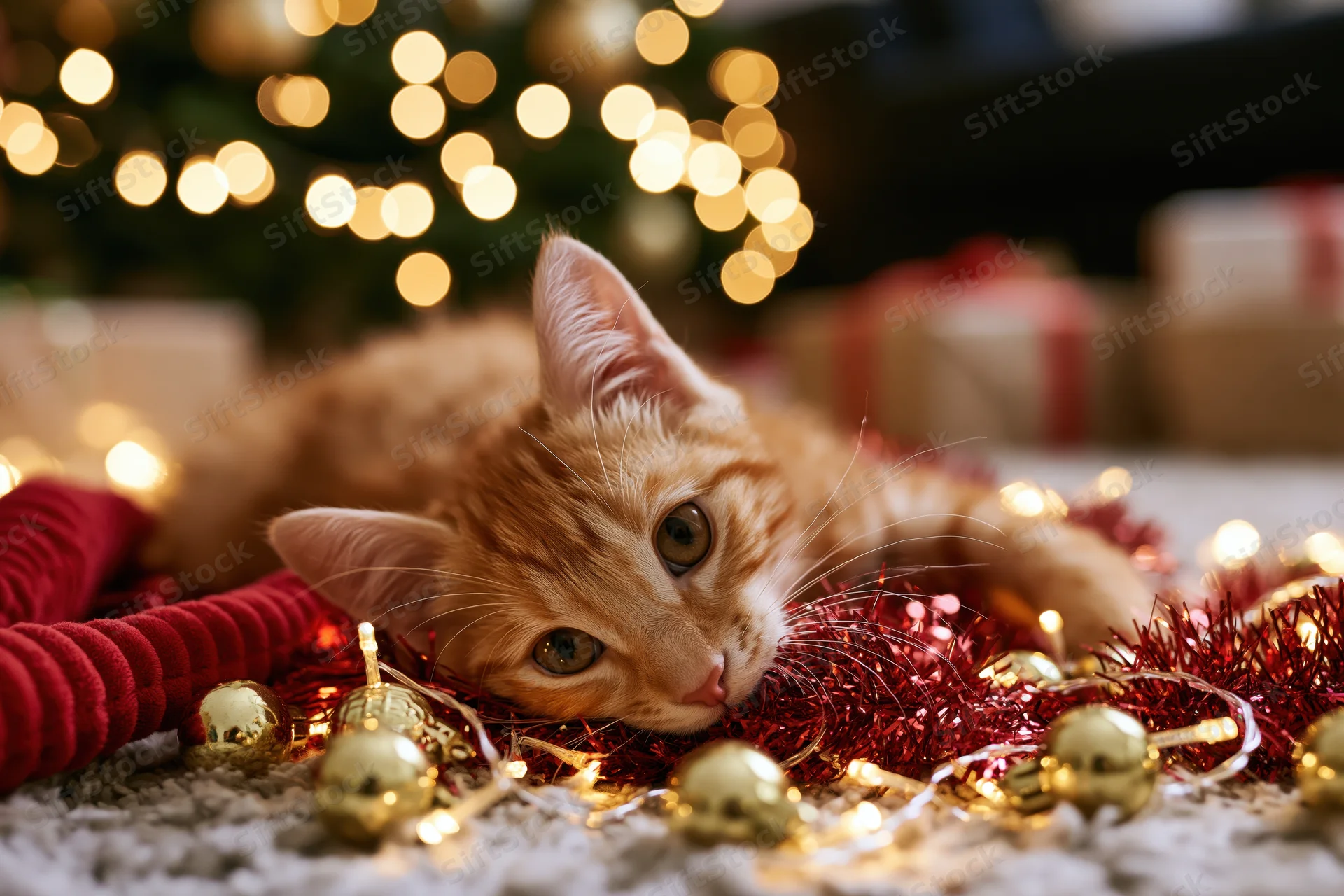 Orange tabby kitten lying on soft rug among christmas decorations and lights