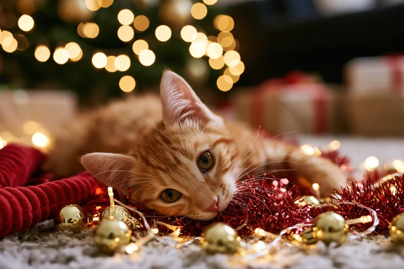 Orange tabby kitten lying on soft rug among christmas decorations and lights