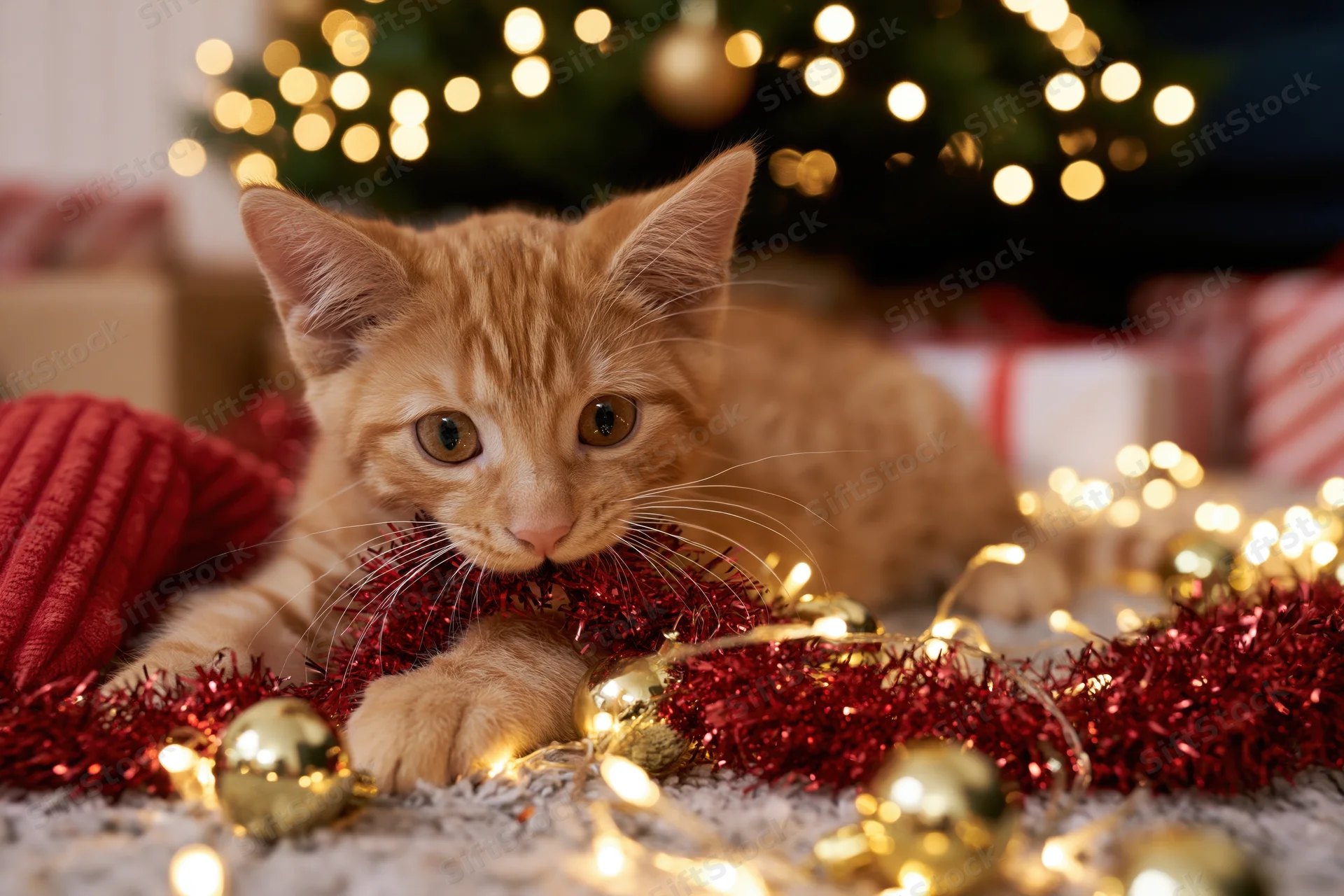 Orange tabby kitten lying on soft rug among christmas decorations and lights