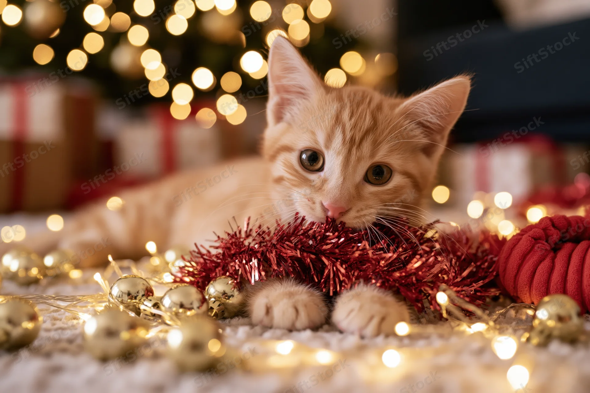 Orange tabby kitten lying on soft rug surrounded by christmas lights and tinsel decorations