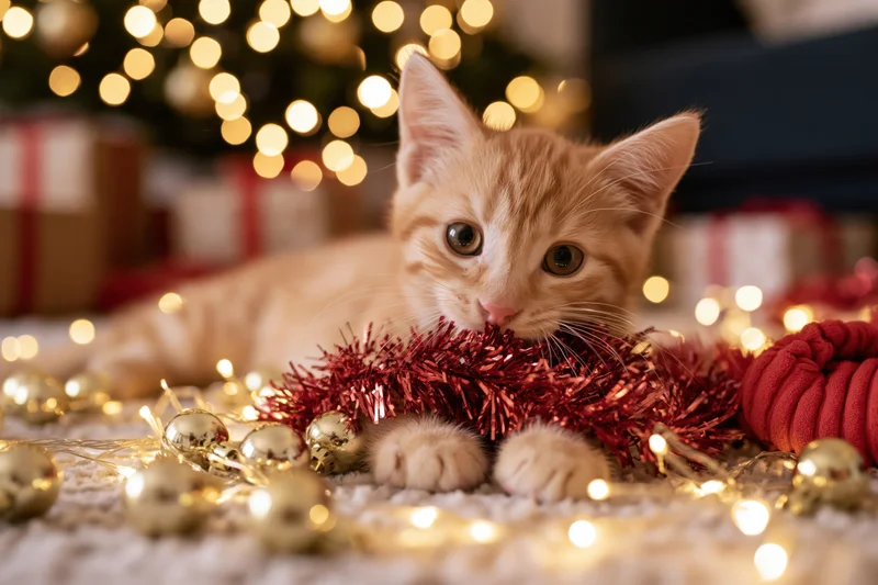 Orange tabby kitten lying on soft rug surrounded by christmas lights and tinsel decorations