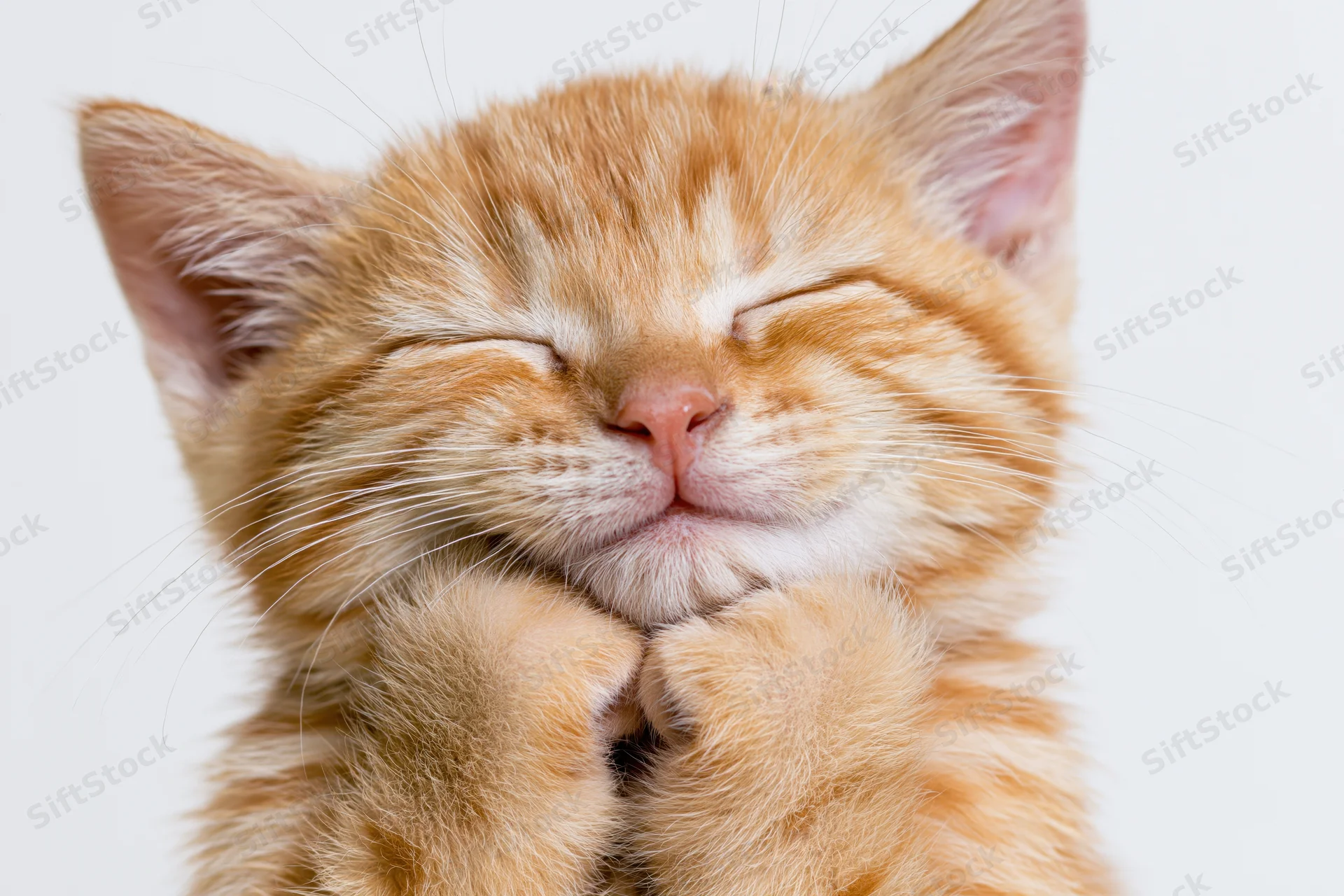 Orange tabby kitten sleeping with paws raised against white background