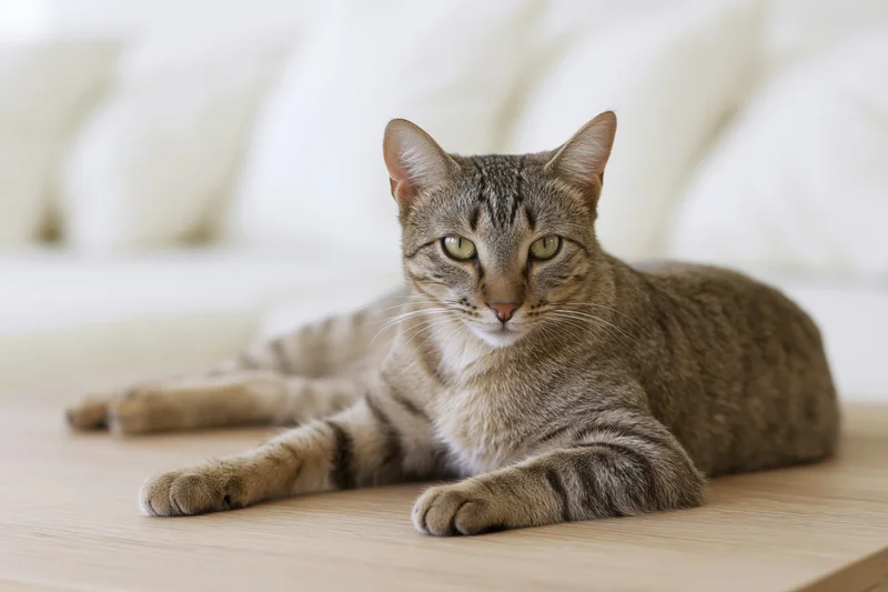 Tabby cat lying relaxed on a light wood coffee table in a living room